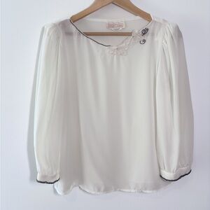 Vintage Pure Class Ivory Bead Embellished Semi-Sheer Long Sleeve Blouse Size M